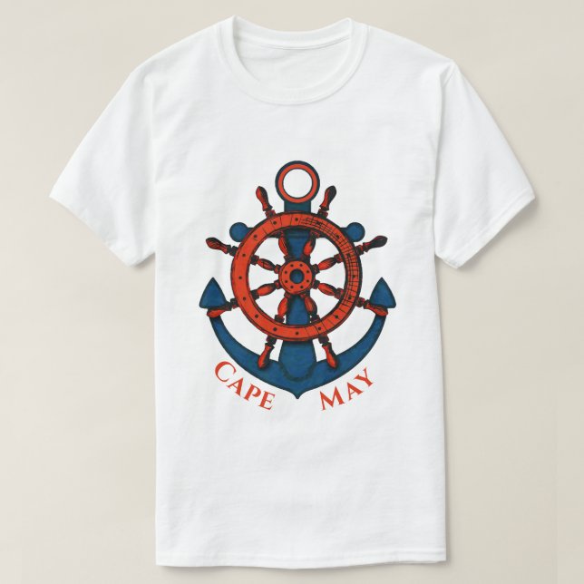 Cape May, NJ Segelfartygshjul och Ankar T Shirt (Design framsida)