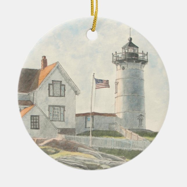 Cape Neddick Lighthouse Watercolor Julgransprydnad Keramik (Framsidan)