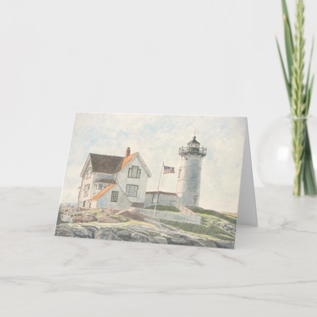 Cape Neddick Lighthouse Watercolor Tack Kort (Framsida)