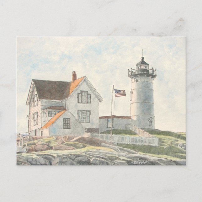 Cape Neddick Lighthouse Watercolor Vykort (Framsida)