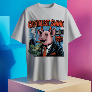 Capitalist Swine Satirical Gris T-Shirt