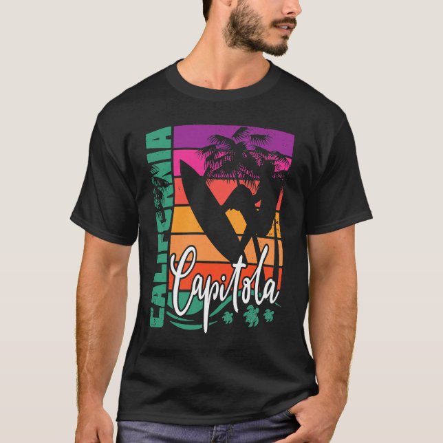 Capitola California Retro Sunset Beach Surfer Surf T Shirt (Framsida)