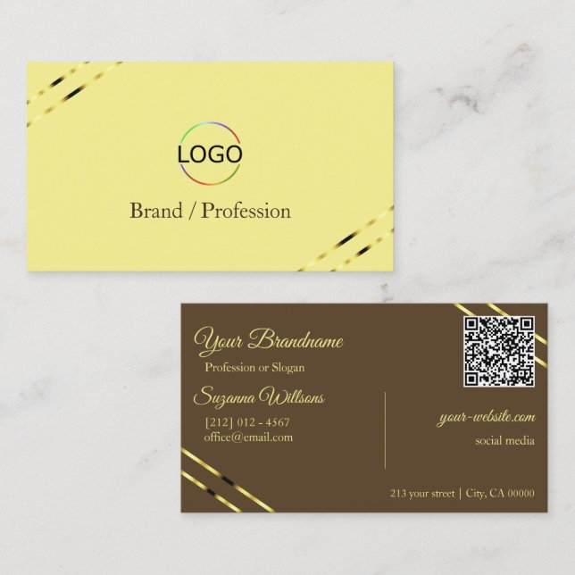 Cappuccino Beige Guldlinjer med Logotyp och QR-kod Visitkort (Fram/baksida)