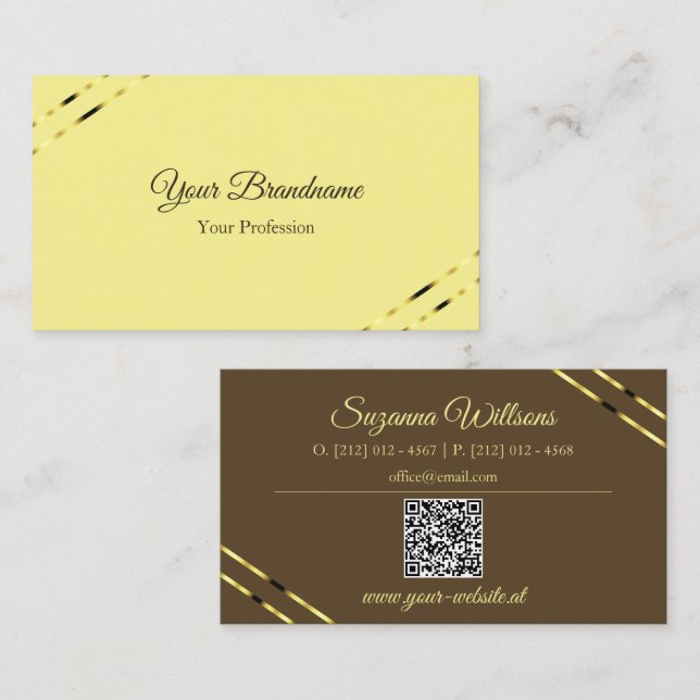 Cappuccino Beige Guldlinjer med QR-kod Elegant Visitkort (Fram/baksida)