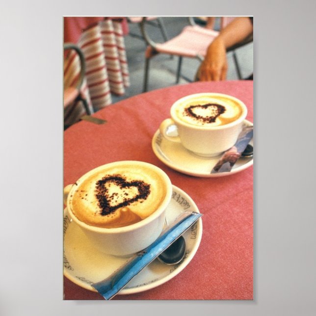 Cappucino i Cortona Italien Italienska Cafe Hearts Poster (Framsidan)