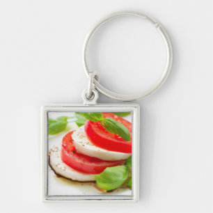 Caprese sallad. Tomat- och Mozzarellaskivor Fyrkantig Silverfärgad Nyckelring