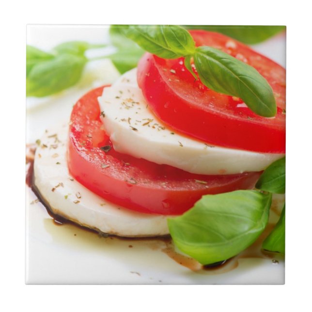 Caprese sallad. Tomat- och Mozzarellaskivor Kakelplatta (Framsidan)