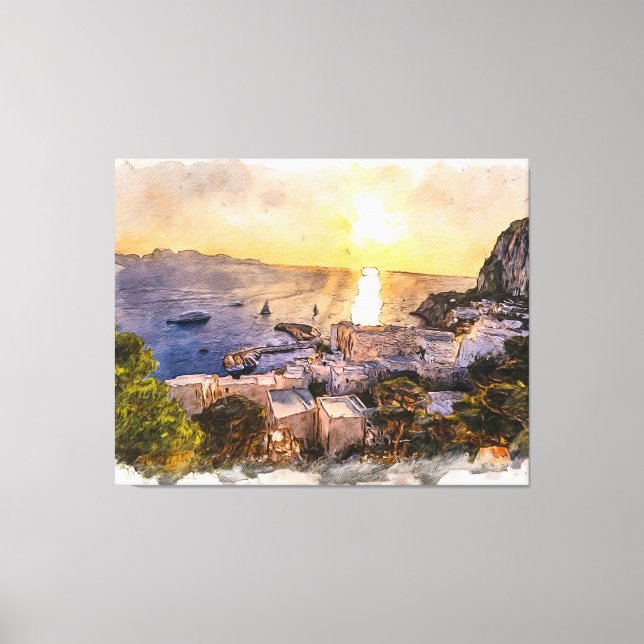 Capri island sunset painting with harbor and boats canvastryck (Framsida)