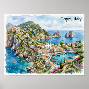 Capri Italien Resa Vattenfärg Minimalistisk Resa Poster