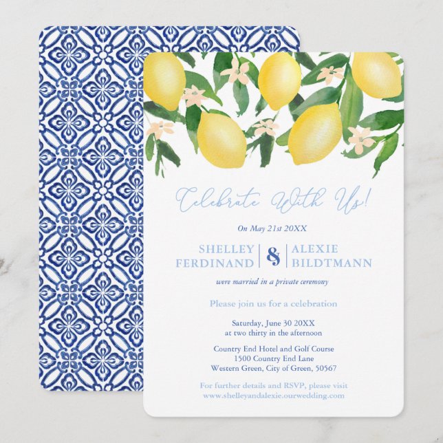 Capri Lemons Blue Tiles Post Bröllop Firande Inbjudningar (Fram/baksida)