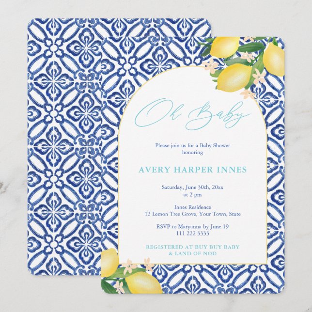 Capri Lemons Teal Oh Baby Theme Baby Shower Inbjudningar (Fram/baksida)