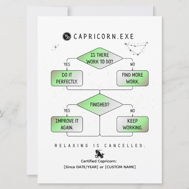 Capricorn FlowChart Funny Zodiac Humor (färgstark) (Framsida)