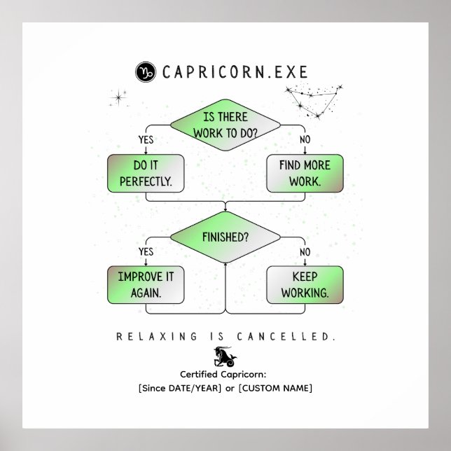 Capricorn FlowChart Funny Zodiac Humor (färgstark) Poster (Framsidan)