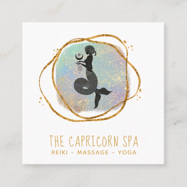 *~* Capricorn Goddes Sjöjungfru Opal Guld Black  Fyrkantigt Visitkort (Framsida)