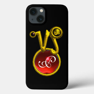 CAPRICORN GULD ZODIAC SIGN RED RUBY MONOGRAM