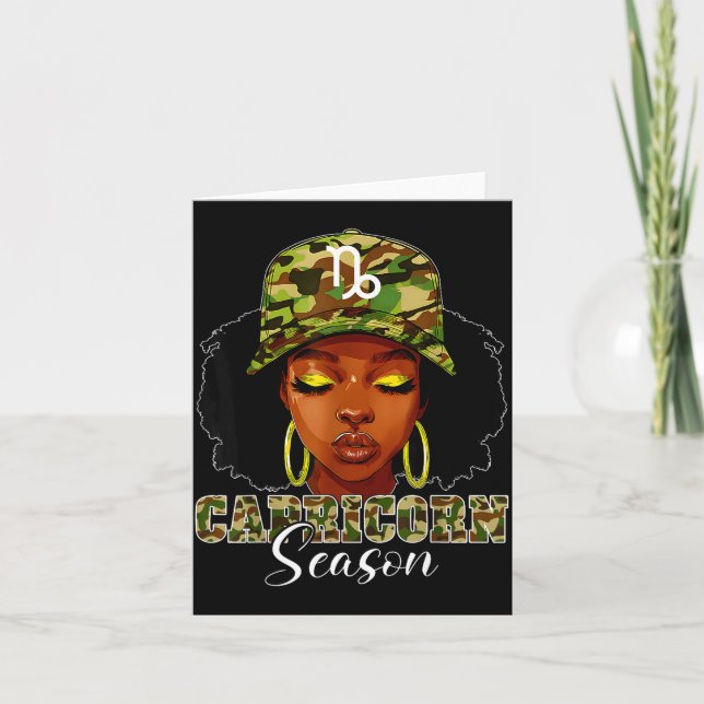 Capricorn Season Black Woman With Camo Hat Birthda Kort (Framsida)