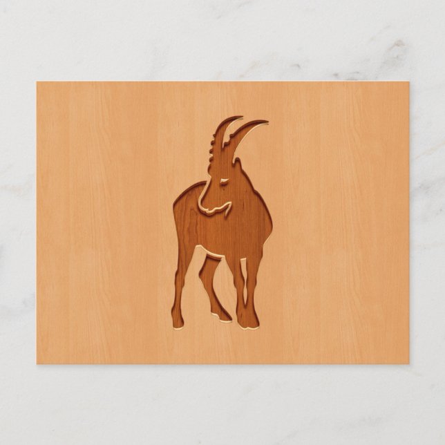 Capricorn silhouette graverad på trädesign vykort (Framsida)