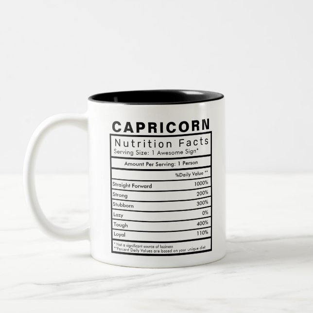 Capricorn-Stjärntecken Nutrition Facts Statistics Två-Tonad Mugg (Vänster)