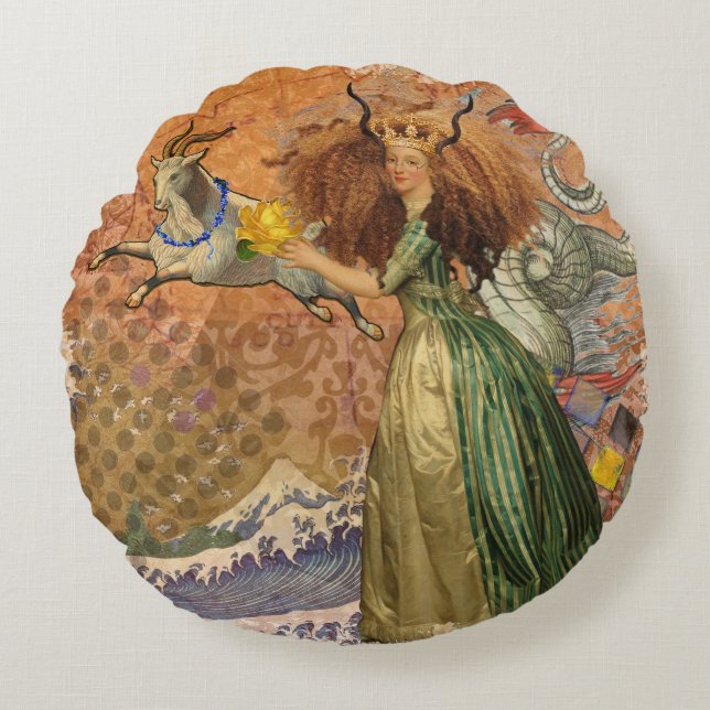 Capricorn Woman Goat Whimsical Roligt Rund Kudde (Framsidan)
