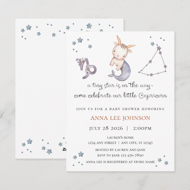 Capricorn Zodiac Baby Shower Invitation Julkort (Fram/baksida)