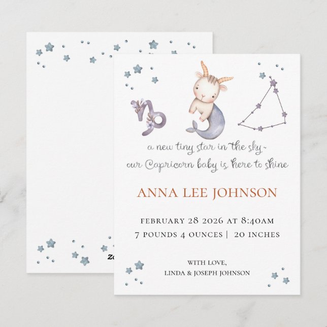 Capricorn Zodiac Birth Announcement Julkort (Fram/baksida)