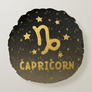Capricorn Zodiac Black och Guld Round Pillow Rund Kudde