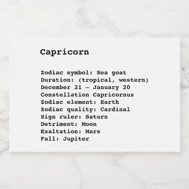 Capricorn Zodiac Sign Astrology, födelsestjärna Mat Etiketter (Singel etikett)