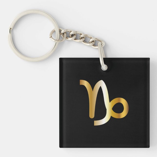 Capricorn Zodiac Sign, Black & Guld Keychain (Framsidan)