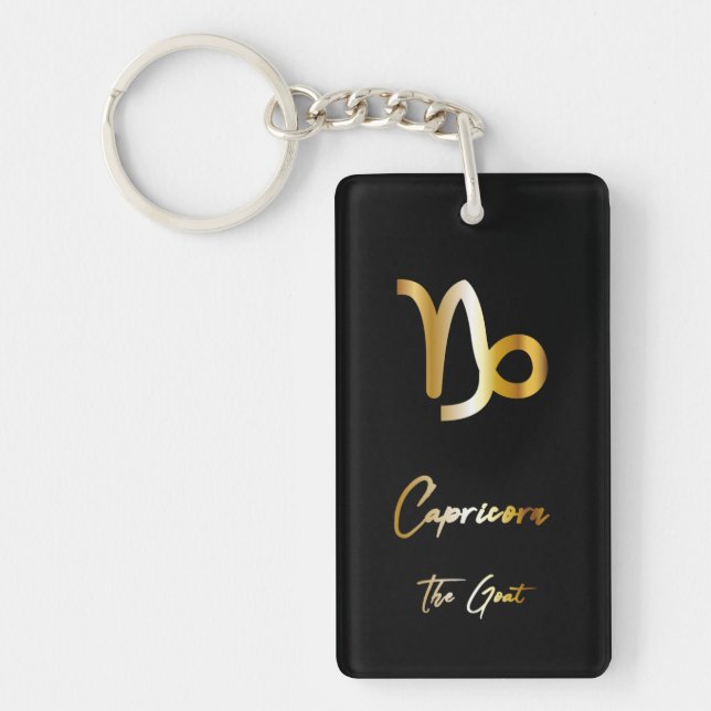 Capricorn Zodiac Sign, Black & Guld Keychain (Framsidan)