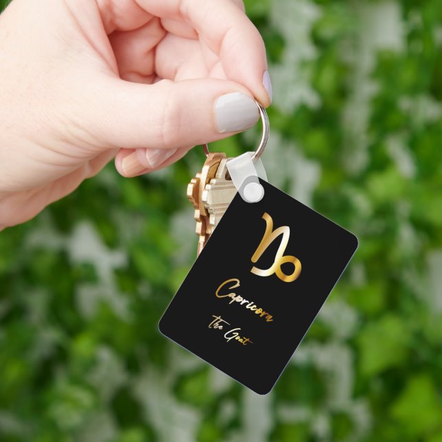 Capricorn Zodiac Sign, Black & Guld Keychain Nyckelring (Hand)