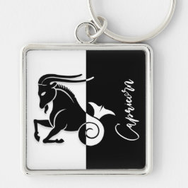 Capricorn Zodiac Sign, Black & White Keychain Fyrkantig Silverfärgad Nyckelring