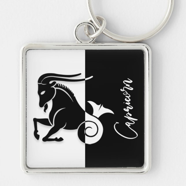 Capricorn Zodiac Sign, Black & White Keychain Fyrkantig Silverfärgad Nyckelring (Framsidan)