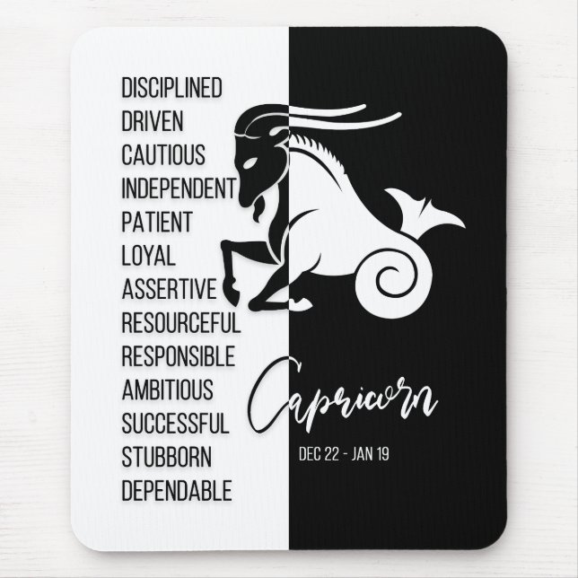 Capricorn Zodiac Sign Mousepad, Black & White Musmatta (Framsidan)