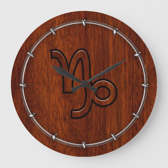Capricorn Zodiac Symbol i Mahogany Brown Stor Klocka (Framsida)