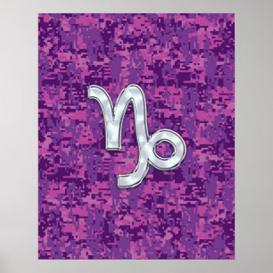 Capricorn Zodiac Symbol på Fuchsia Digital Camo Poster