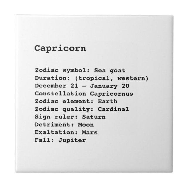 Capricorn Zodiac-tecken, svart, vit Kakelplatta (Framsidan)