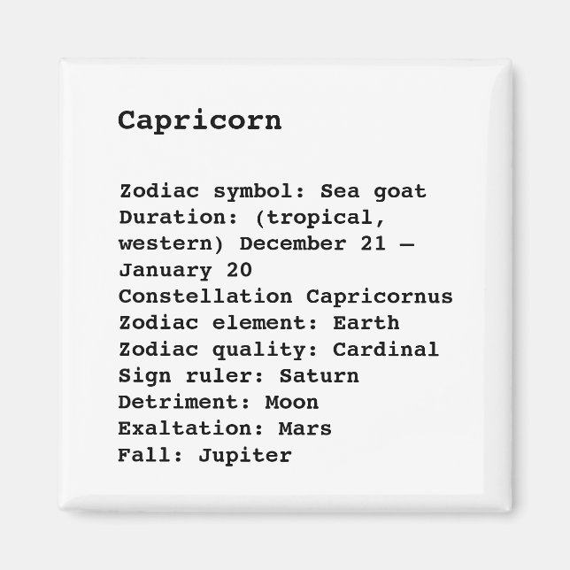 Capricorn Zodiac-tecken, svart, vit Magnet (Framsidan)
