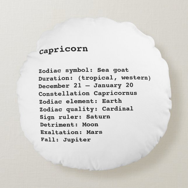 Capricorn Zodiac-tecken, svart, vit Rund Kudde (Framsidan)
