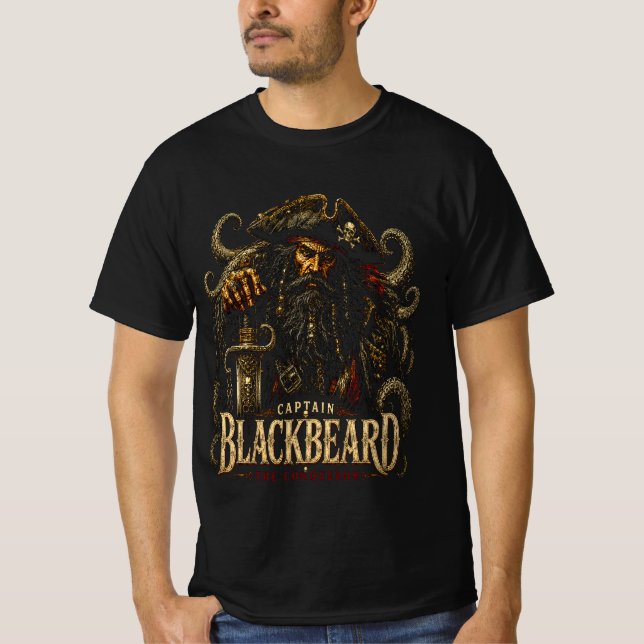 Captain Blackbeard Pirate Tee | Skull, Sword, Naut (Framsida)