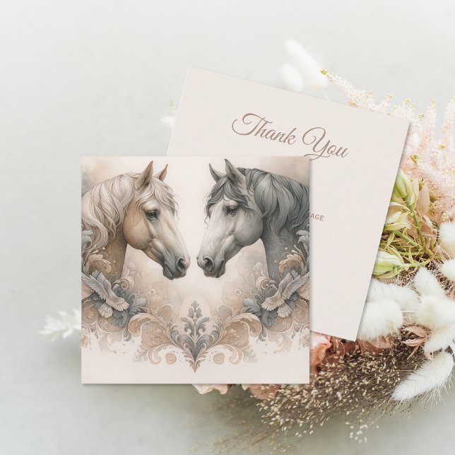 Captivating Horses Bröllop Tack Kort (Captivating Horses Wedding Thank You Card (front and back))
