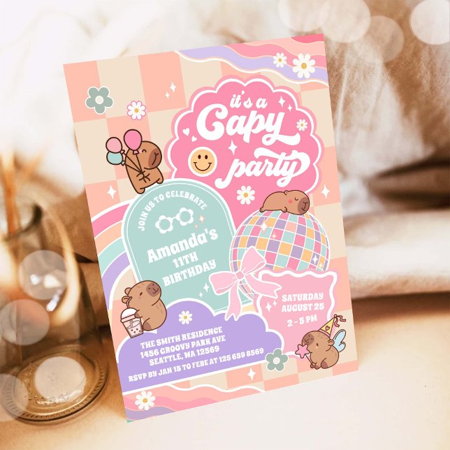 Capy Party Cloud Rainbow Disco Birthday Invitation Inbjudningar (Skapare uppladdad)