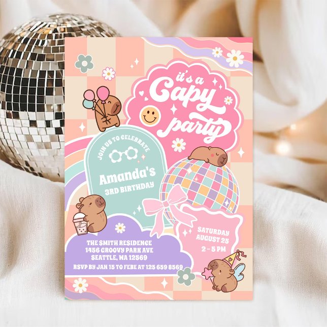 Capy Party Retro Groovy Daisy Birthday Invitation Inbjudningar (Skapare uppladdad)