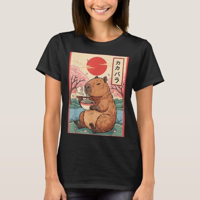 Capybara Anime Graphic Ramen Kawaii Japansk Vinta T Shirt (Framsida)