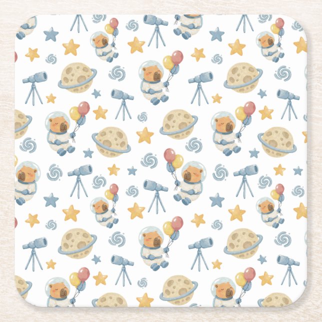 Capybara Astronaut Mönster Pappra Underlägg Papper Kvadrat (Framsidan)