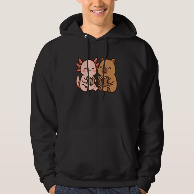 Capybara Axolotl Kawaii Kids Anime Book Lover Read Hoodie (Framsida)