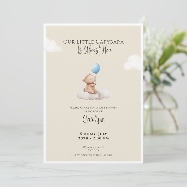Capybara Baby Shower Invitation Cloud and Balloon Inbjudningar (Stående Fram)