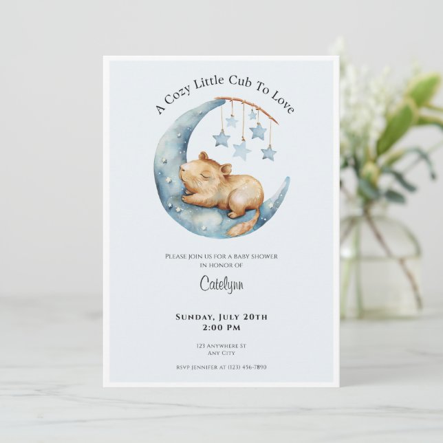 Capybara Baby Shower Invitation Cozy Moon Cub Inbjudningar (Stående Fram)