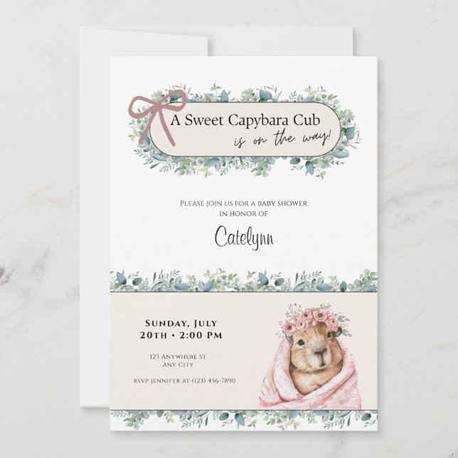 Capybara Baby Shower Invitation • Greenery Theme Spara Datumet (Framsida)