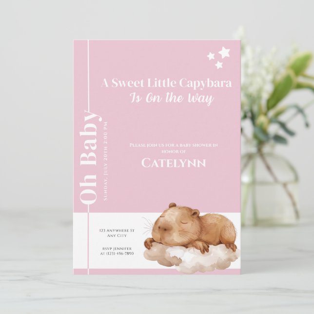 Capybara Baby Shower Invitation • Oh Baby Pink Spara Datumet (Stående Fram)