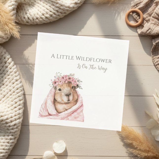 Capybara Baby Shower • Wildflower Napkin Pappersservett (soft boho napkin with capybara wildflower illustration on light neutral background)
